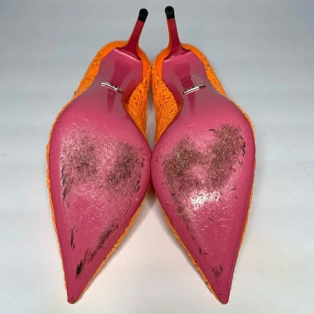 Gucci Virginia Lace Pumps Neon Orange EU 40 US 10 Mary Jane Lace Heels - Picture 9 of 11